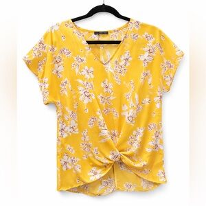 West Kei Yellow Floral Twist Front‎ Blouse XS Short Sleeve Boho Top
